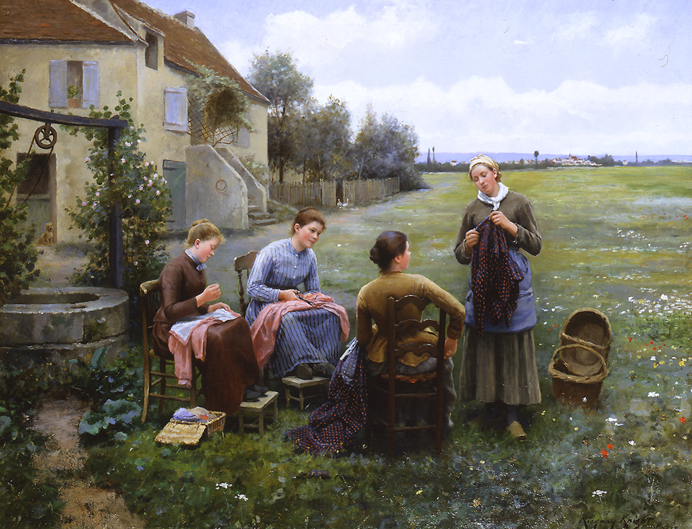 An idyllic countryside scene of women gathered in a circle outdoors, sewing and sharing conversations. A peaceful rural house and green fields provide a tranquil backdrop.